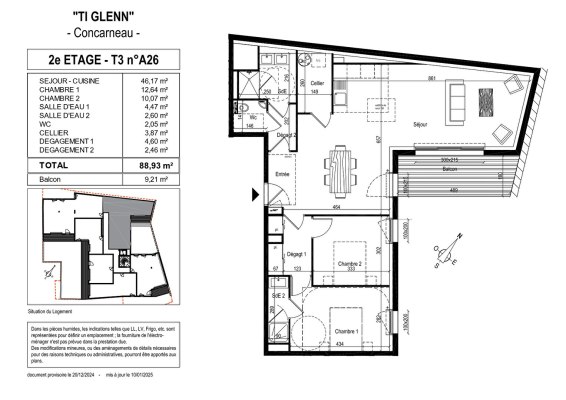 Résidence &quot;TI GLENN&quot; à vendre appartement 3 pièces de 88.93 m² au centre Ville CONCARNEAU